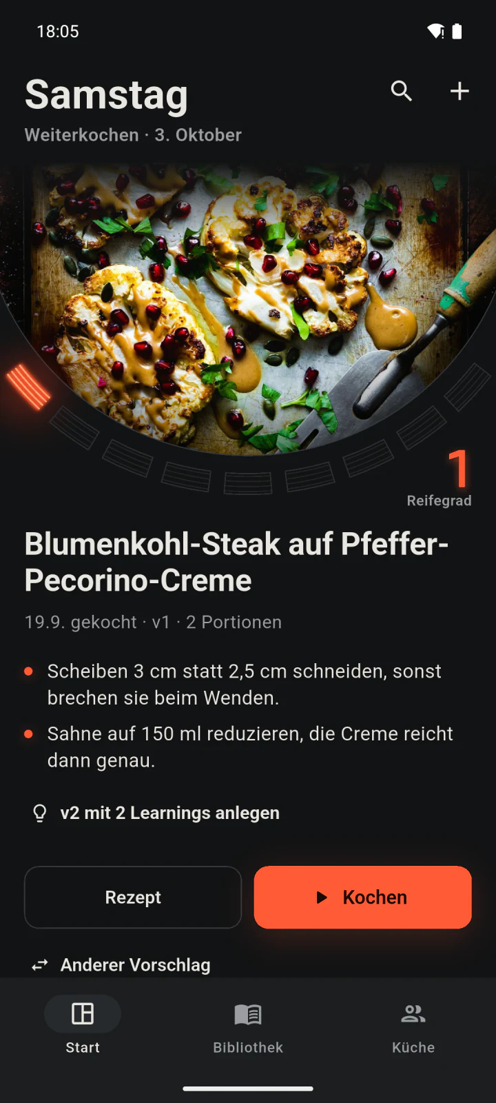Der Start der App: das Blumenkohl-Steak als Teller, darunter zwei offene Learnings und der Knopf „v2 mit 2 Learnings anlegen“.